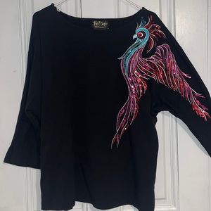 Bob Mackie Wearable Art 2X gorgeous black and colorful bird sequined top